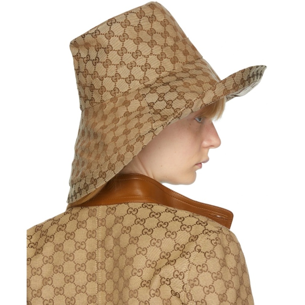 Monogram Beige Tan Canvas Bucket Hat Wide Large Brim Jacquard Sun Coverage New - Picture 12 of 16